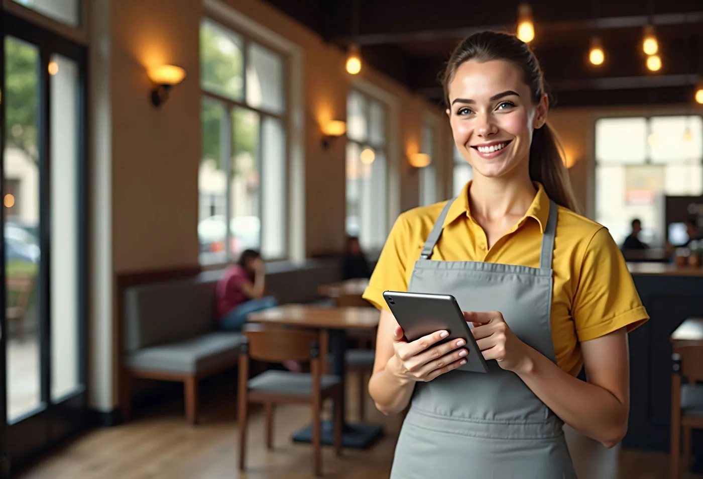 Lächelnde Servicekraft mit Tablet im Restaurant