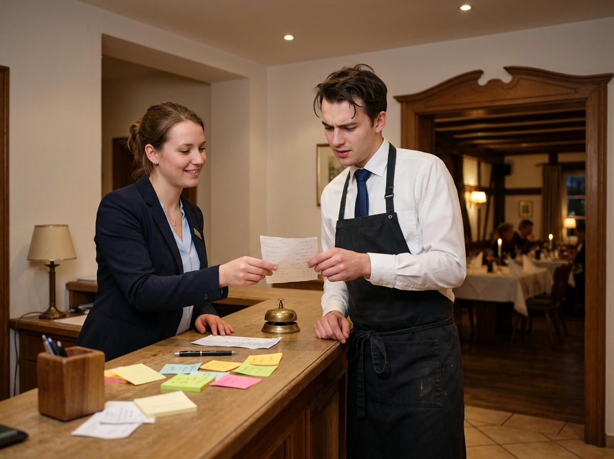 Rezeptionistin reicht dem Kellner eine handgeschriebene Liste – Zettelwirtschaft zwischen Rezeption und Restaurant